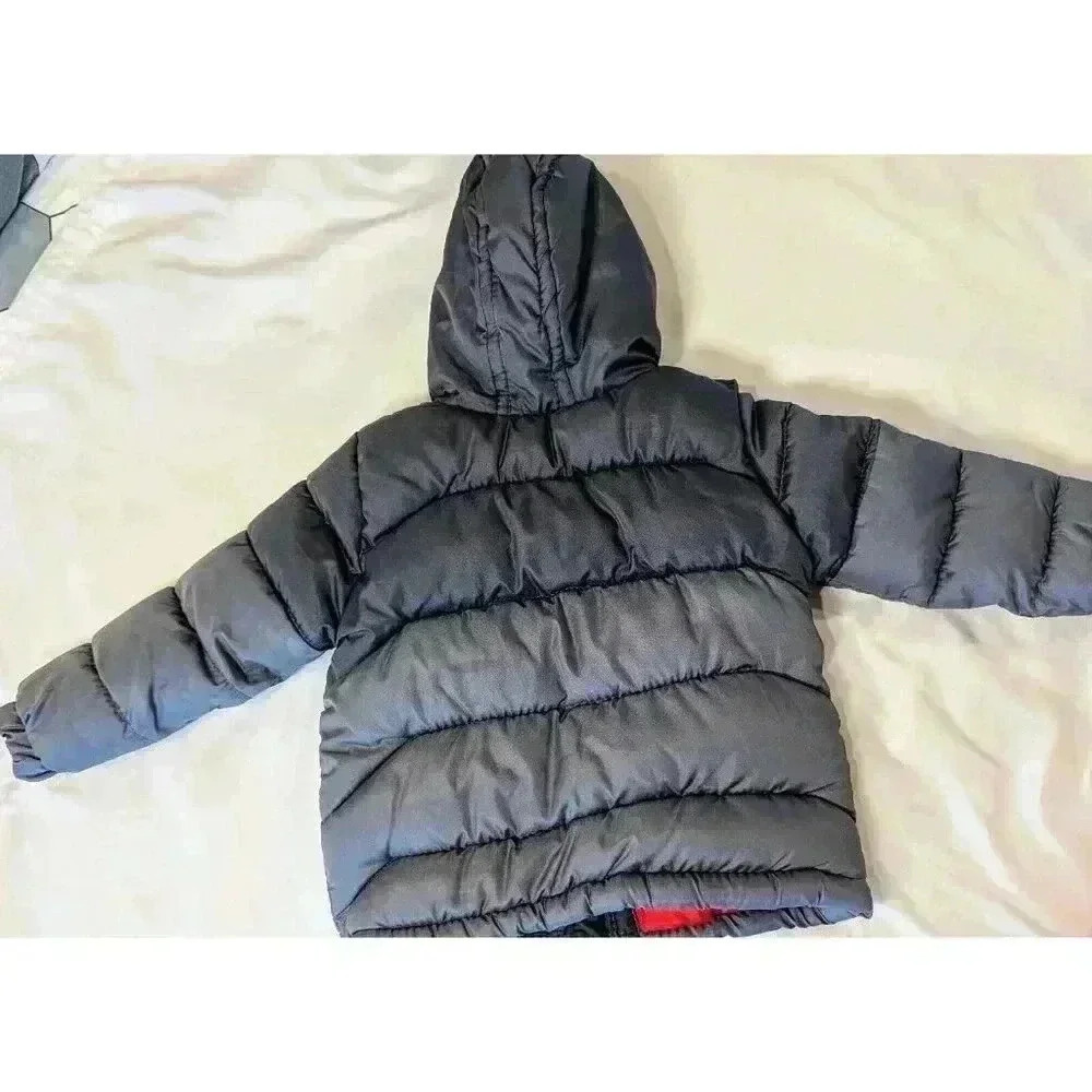 Vertical '9 Boys Lined Puffer Jacket Siz 18 Months Gray Red Hooded Pockets EUC - Picture 2 of 11